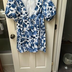 Abercrombie & Fitch Blue and White Floral Puff Sleeve Mini Dress